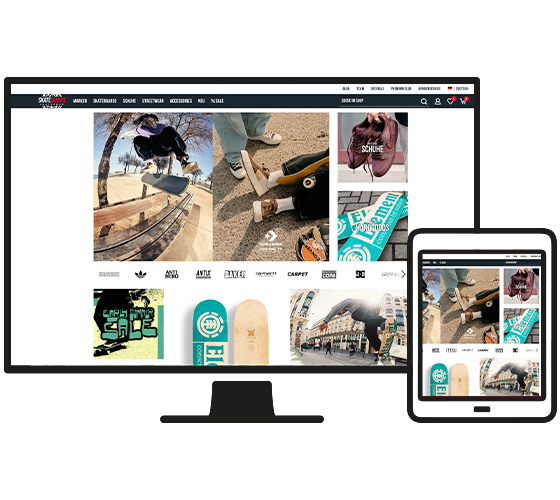 Zu sehen ist eine Darstellung der Website unseres Kunden Skatedeluxe. Es sind Bilder von Skateboards etc. zu sehen.